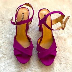 JUSTFAB HUNTLEY fuchsia suede like chunk 5” heels